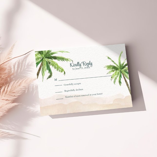Watercolor Turquoise Sandy Beach Wedding RSVP Card (Watercolor Turquoise Sandy Beach Wedding RSVP Card on a sunny table with pampas grass.)
