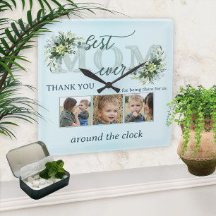 Watercolor Turquoise Teal Leaves Mum Photo  Square Wall Clock