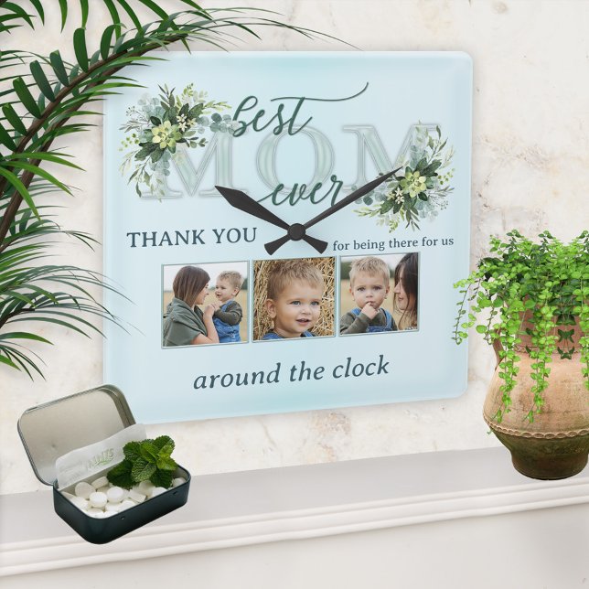 Watercolor Turquoise Teal Leaves Mum Photo  Square Wall Clock (Elegant baby blue photo wall clock featuring a stylized Mom text and watercolor leaves)