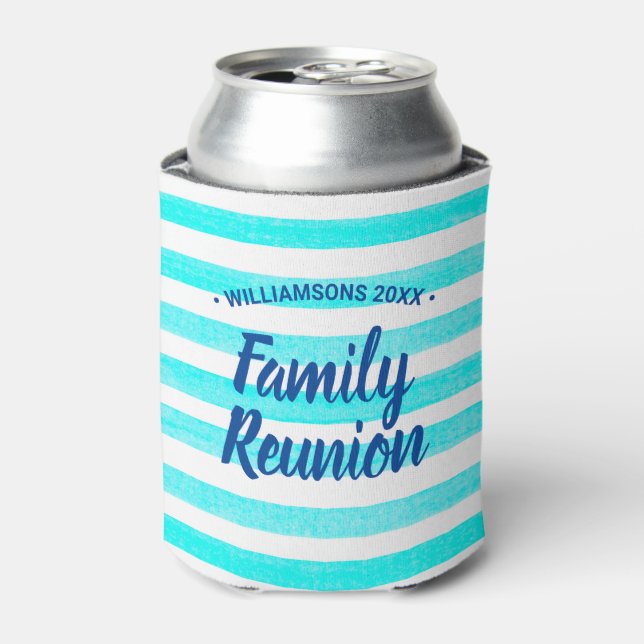 Watercolor Turquoise White Stripe Can Cooler (Can Front)