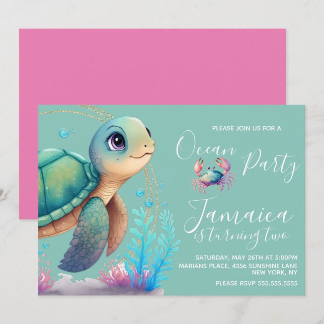 Watercolor Turtle Ocean Beach Birthday Party    Invitation (Front/Back)