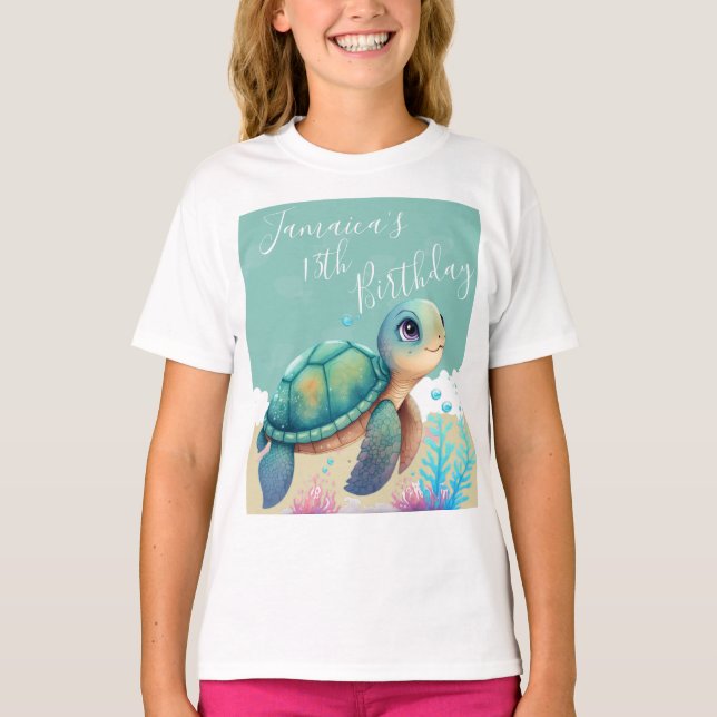 Watercolor Turtle Ocean Birthday Party T-Shirt (Front)