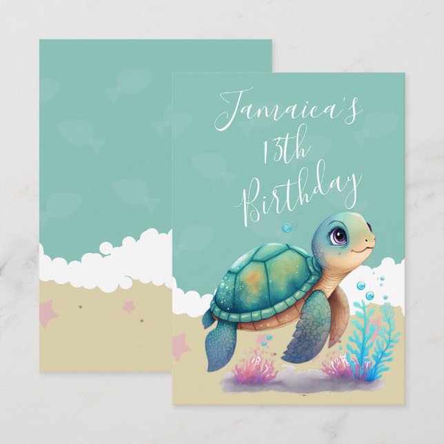 Watercolor Turtle Ocean Birthday Party Thank You Card (Front/Back)