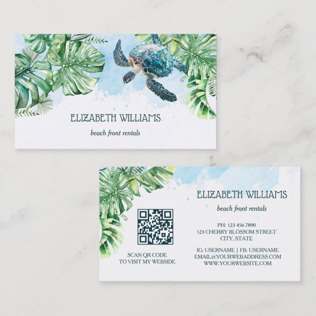  Watercolor Turtle Tropical Leaves Business Card (Front/Back)