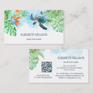Watercolor Turtle Tropical Leaves Business Card