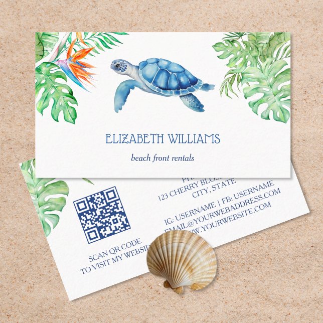  Watercolor Turtle Tropical Leaves Business Card (Creator Uploaded)