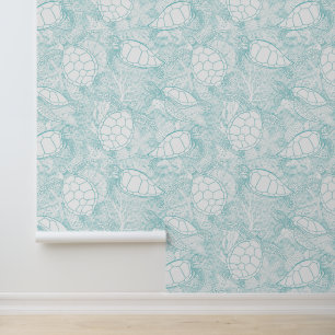 Watercolor Turtles on Waves Seafoam Blue Coastal Wallpaper