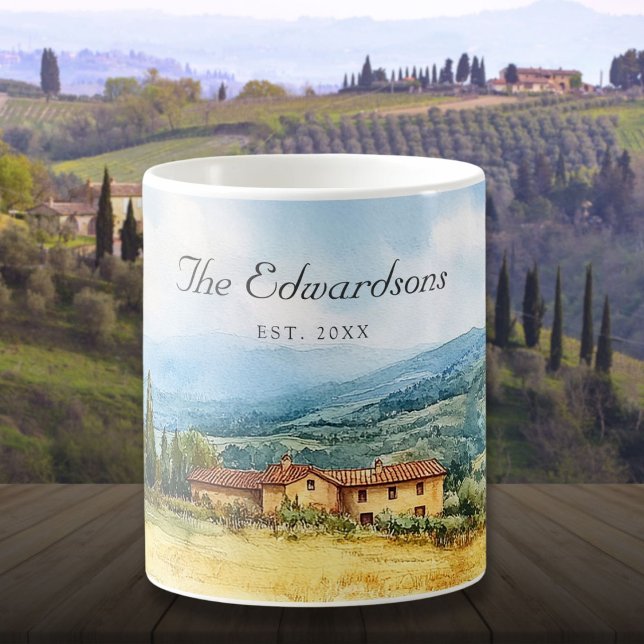 Watercolor Tuscan Mediterranean Family Name Coffee Mug (Watercolor Tuscan Mediterranean Family Name Coffee Mug)