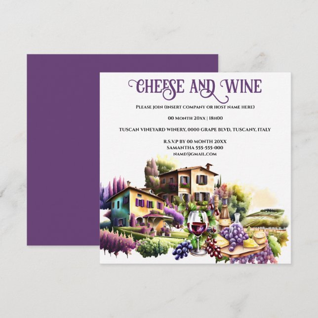 Watercolor Tuscan villa cheese wine vineyard vine Invitation (Front/Back)