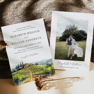 Watercolor Tuscany Italy Destination Wedding Photo Invitation
