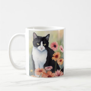 Watercolor Tuxedo Cat With Gerbera Daisy Flowers Coffee Mug