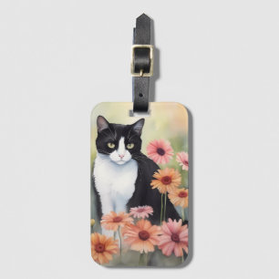 Watercolor Tuxedo Cat With Gerbera Daisy Flowers Luggage Tag