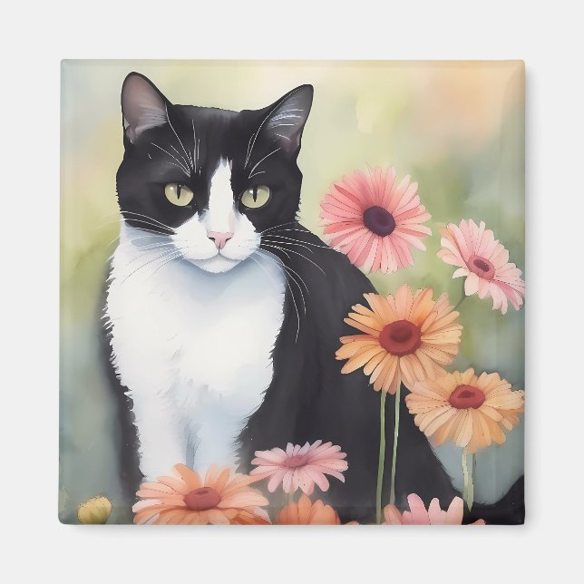 Watercolor Tuxedo Cat With Gerbera Daisy Flowers Magnet (Front)