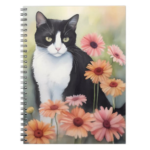 Watercolor Tuxedo Cat With Gerbera Daisy Flowers Notebook
