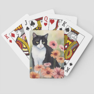 Watercolor Tuxedo Cat With Gerbera Daisy Flowers Playing Cards