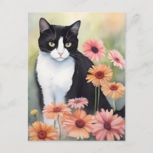 Watercolor Tuxedo Cat With Gerbera Daisy Flowers Postcard