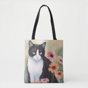 Watercolor Tuxedo Cat With Gerbera Daisy Flowers Tote Bag