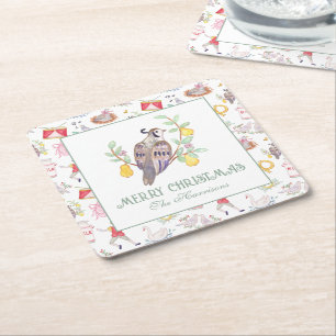Watercolor Twelve Days of Christmas Gift Enclosure Square Paper Coaster