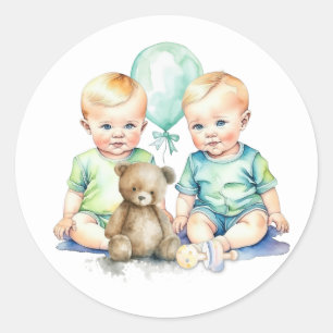 Watercolor Twin Boys Baby Shower Classic Round Sticker