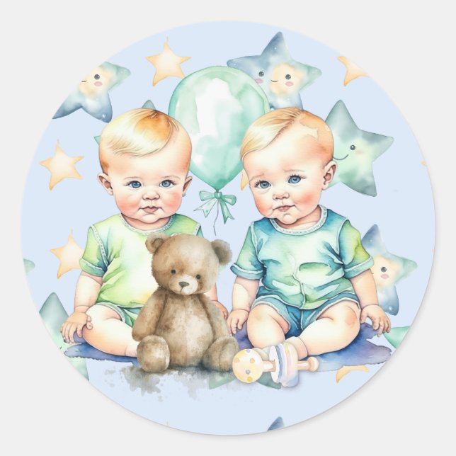 Watercolor Twin Boys Baby Shower Classic Round Sticker (Front)
