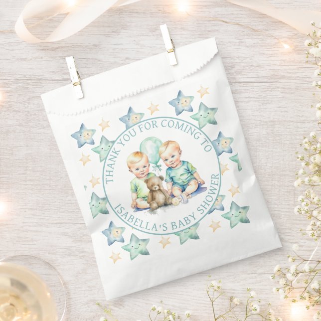 Watercolor Twin Boys Baby Shower Favour Bags (Clipped)