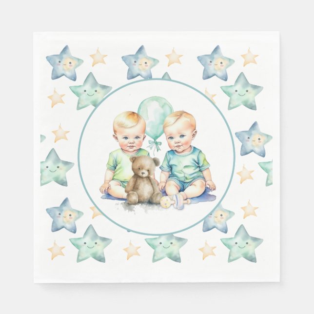 Watercolor Twin Boys Baby Shower Napkin (Front)