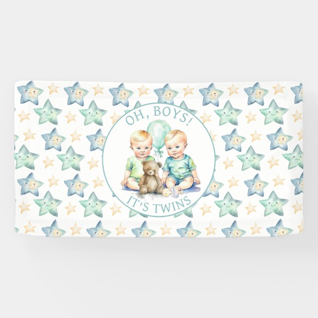 Watercolor Twin Boys Baby Shower | Oh, Boys! Banner (Horizontal)