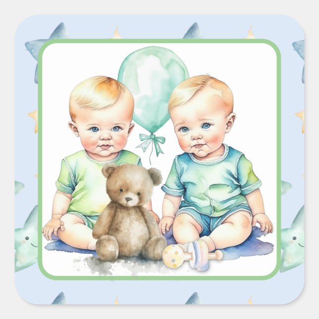Watercolor Twin Boys Baby Shower Square Sticker (Front)