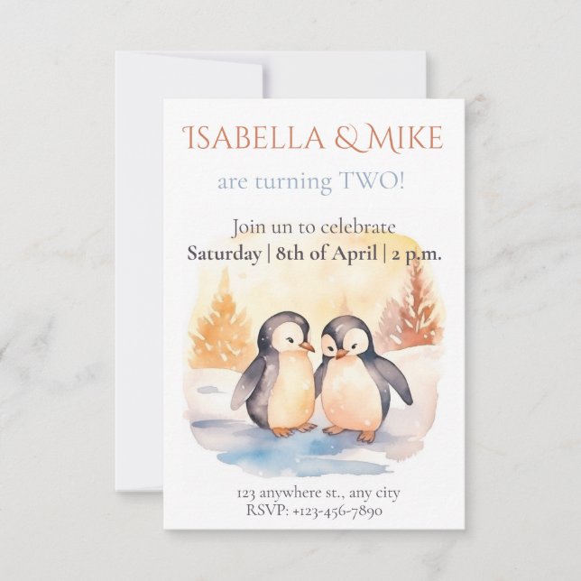Watercolor Twin Party Invitation Editable  (Front)