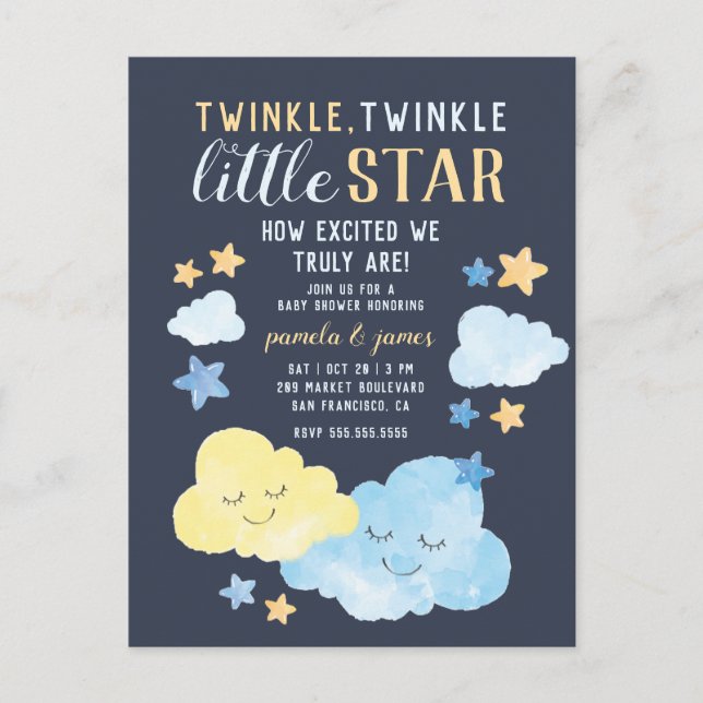 Watercolor Twinkle Twinkle Little Star Baby Shower Invitation Postcard (Front)