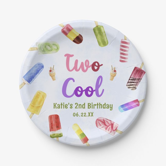Watercolor Two Cool Popsicle 2nd Birthday Party Paper Plate (Front)