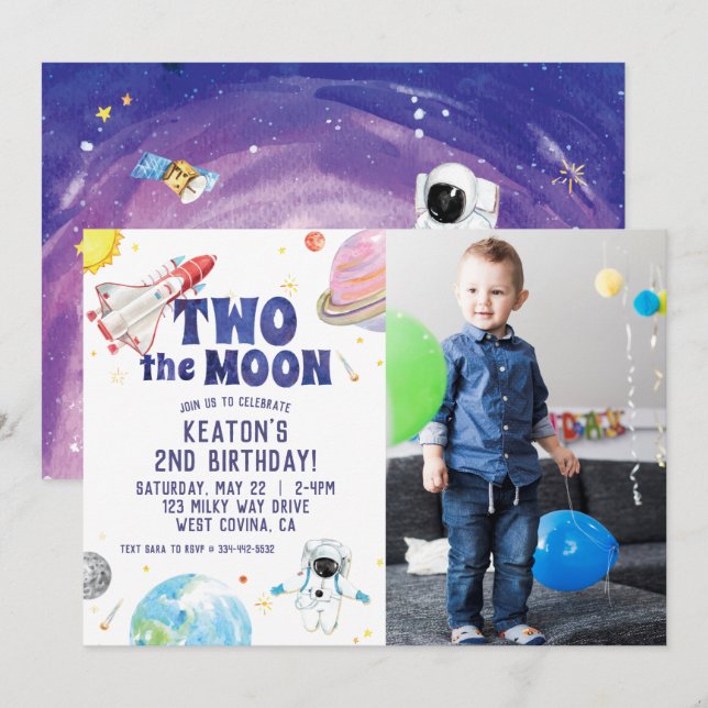 Watercolor Two the Moon Space Birthday Invitation (Front/Back)