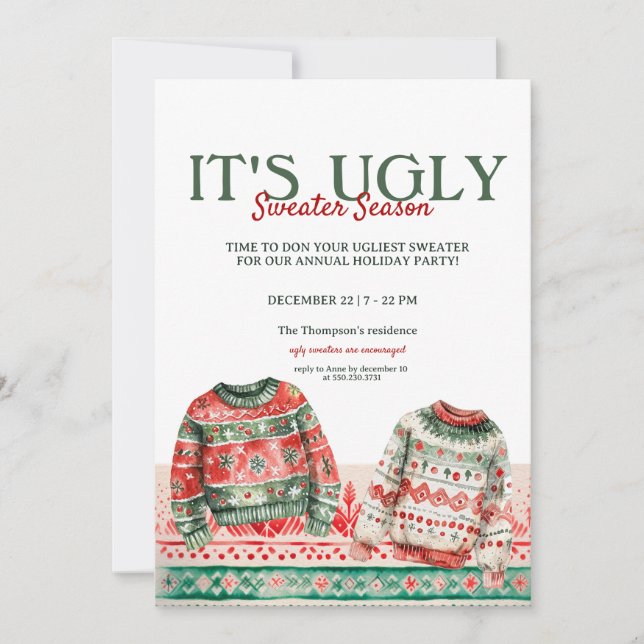 Watercolor Ugly Sweater Christmas Party Invitation (Front)