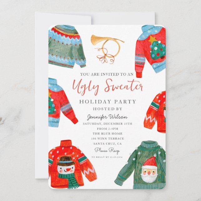 Watercolor Ugly Sweater Holiday Party  Invitation (Front)