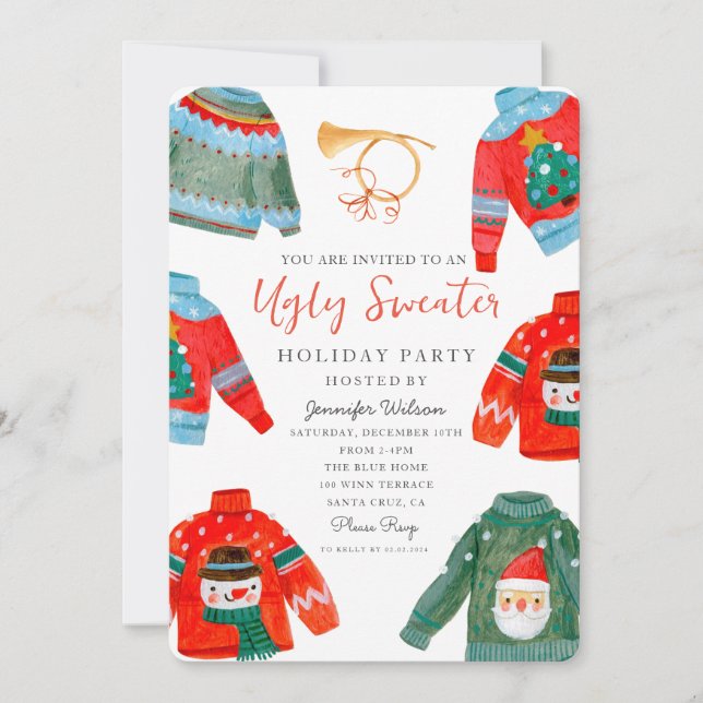 Watercolor Ugly Sweater Holiday Party  Invitation (Front)