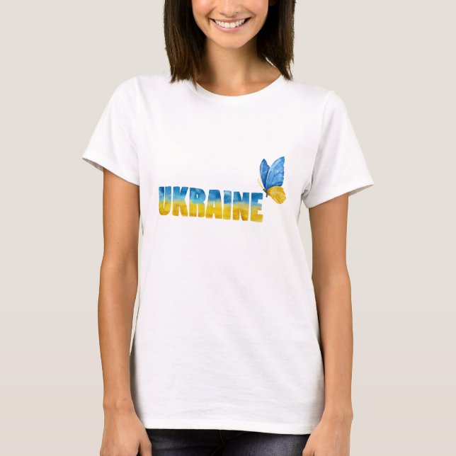Watercolor Ukraine Butterfly Word Art T-Shirt (Front)