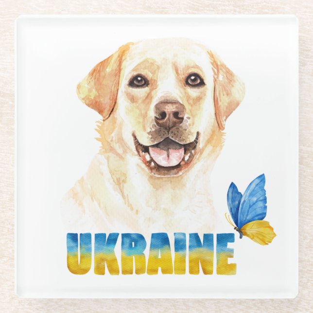 Watercolor Ukraine Yellow Lab and Butterfly  Glass Coaster (Front)