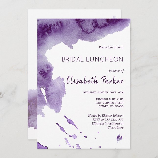 Watercolor ultra violet indigo bridal luncheon invitation (Front/Back)