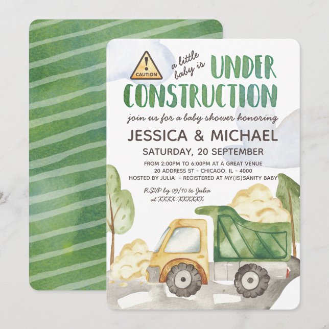 Watercolor Under Construction Truck Baby Shower Invitation (Front/Back)