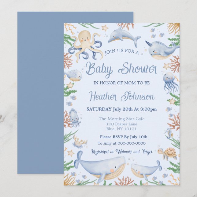 Watercolor Under The Sea Baby Shower Invitation (Front/Back)