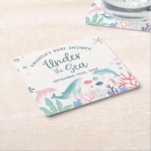 Watercolor Under the Sea Baby Shower Square Paper Coaster