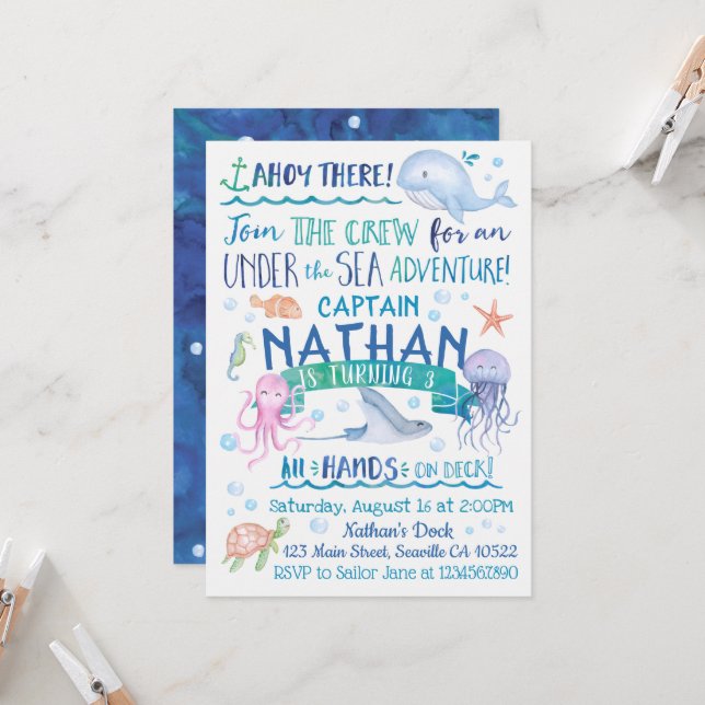 Watercolor Under the Sea Birthday Invitation (Front/Back In Situ)