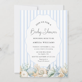 Watercolor Under The Sea Blue Stripes Baby Shower Invitation