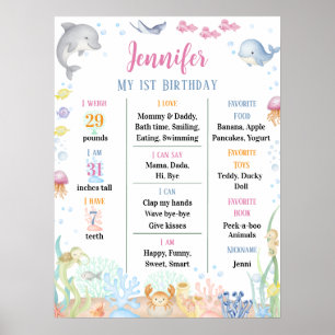 Watercolor Under the Sea First Birthday Milestone Poster