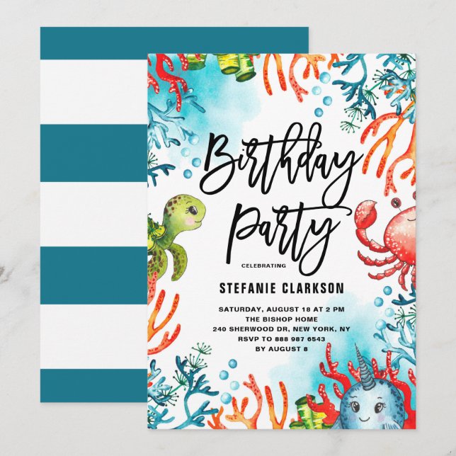 Watercolor Under the Sea Friends Birthday Party Invitation (Front/Back)