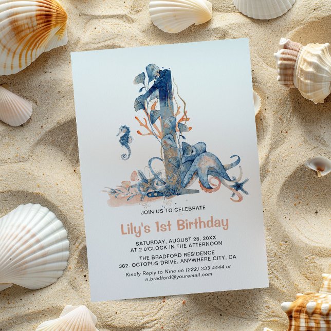 Watercolor Under-the-Sea Girl's 1st Birthday Invitation (Creator Uploaded)
