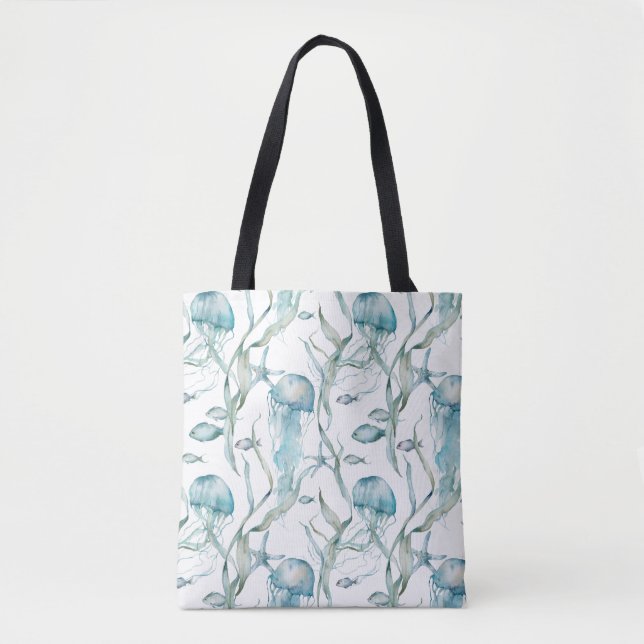 Watercolor Under the Sea Jellyfish Tote Bag (Front)