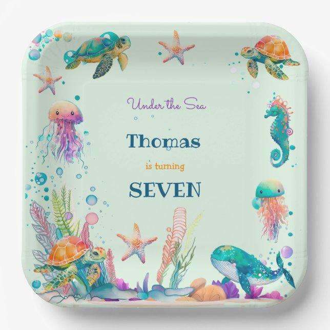 Watercolor Under the Sea kids birthday Paper Plate (Front)
