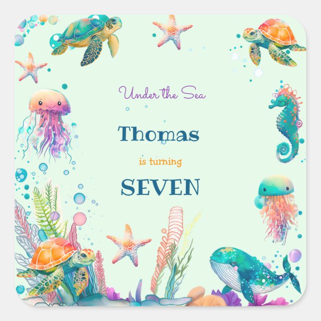 Watercolor Under the Sea kids birthday Square Sticker (Front)
