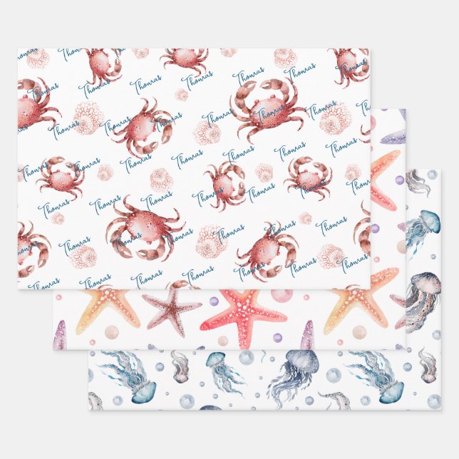 Watercolor Under the Sea kids birthday Wrapping Paper Sheet (Set)